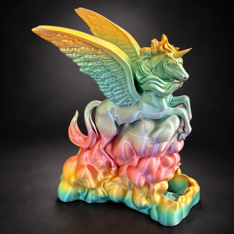 alicorn dnd dice tower unicorn rainbow silk 3d printed Pegasus sculpture on rainbow clouds.