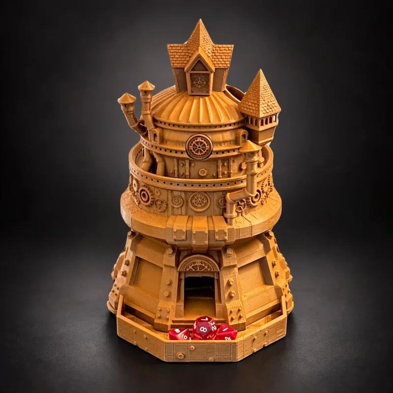 artificer dnd dice tower steampunk 3d printed gold Steampunk dice tower with dice