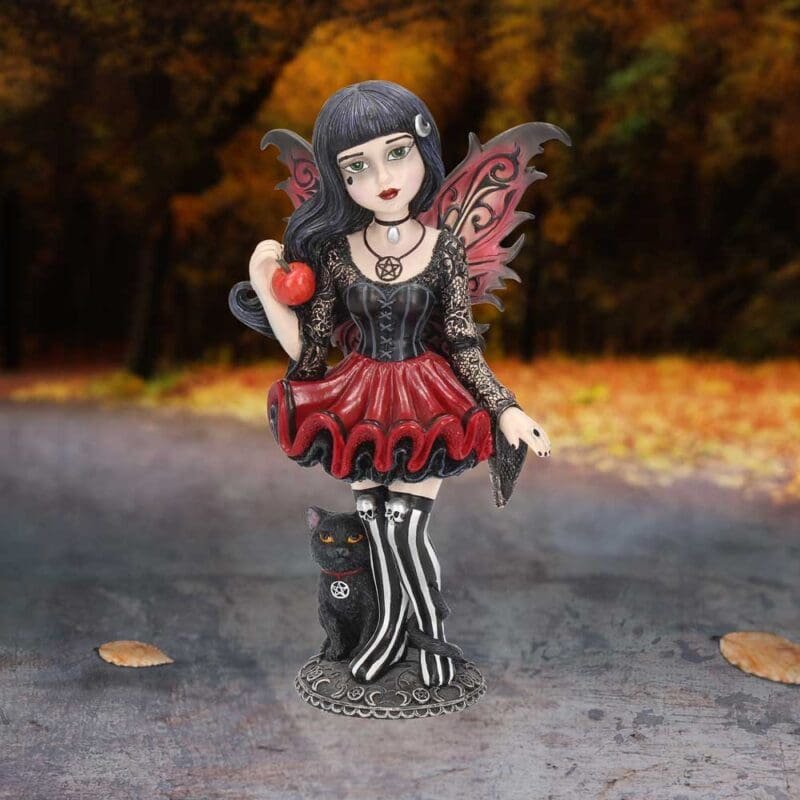 Hazel — a gothic fairy figurine with black cat,pentagram & forbidden apple. Hand-painted resin,16cm. The perfect dark fantasy gift for collectors.
