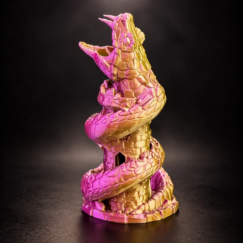 basilisk snake dice tower Gold and pink snake sculpture