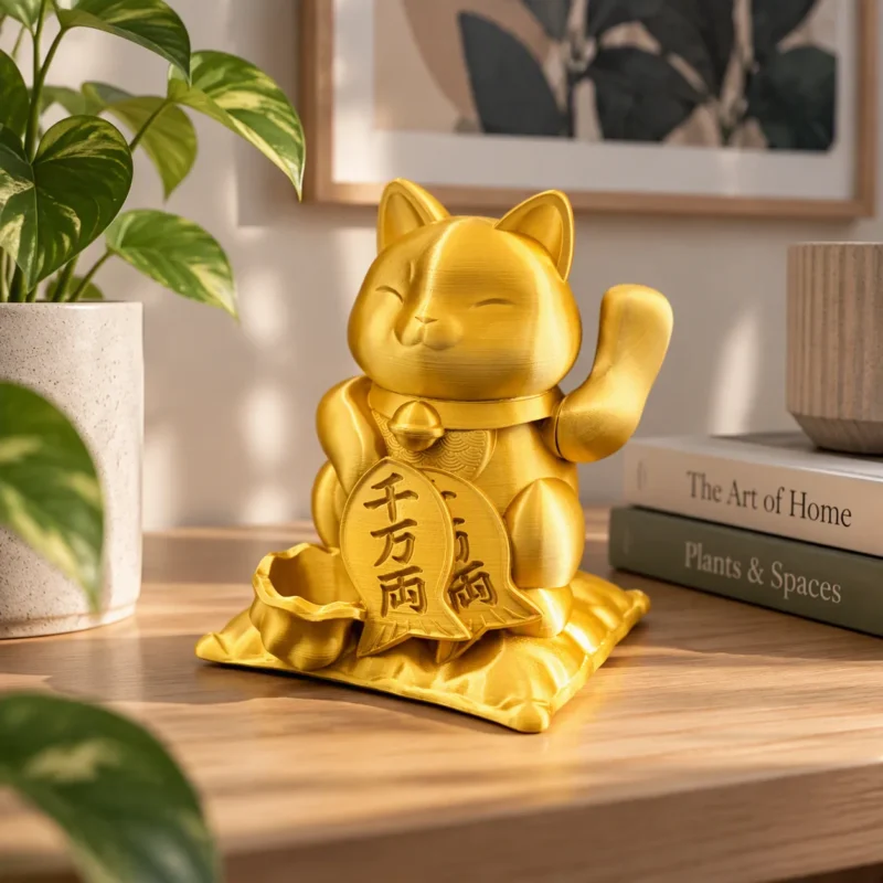 Golden lucky cat figurine on desk
