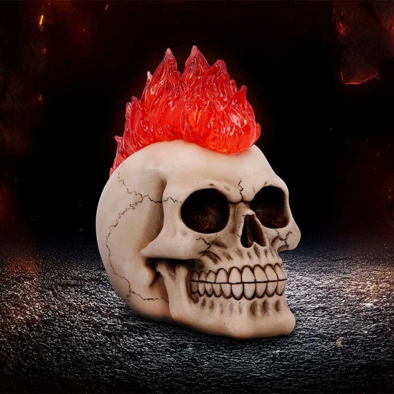 Flaming Skull Figurine,Gothic Halloween Decoration,Punk Rock Home Decor,Resin Skull Statue,Alternative Biker Gift