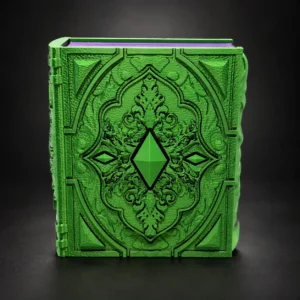 Green ornate book with gem