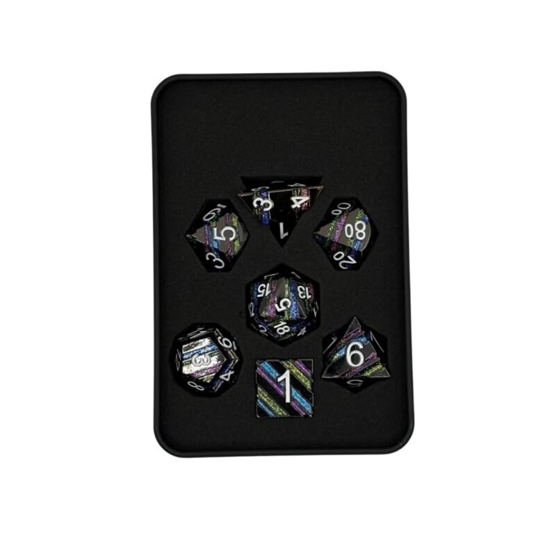 Metal Strata Black Rainbow poly dice set