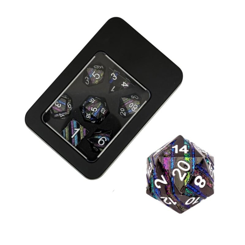 Metal Strata Black Rainbow poly dice set