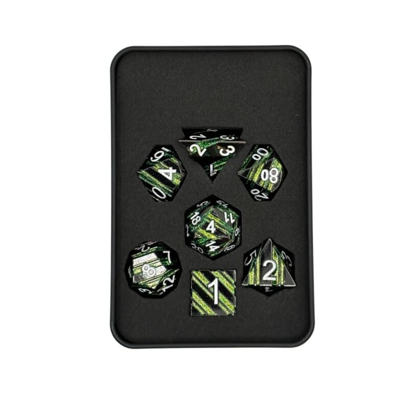 Metal Strata Black & Green poly dice set