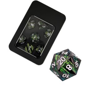 Metal Strata Black & Green poly dice set