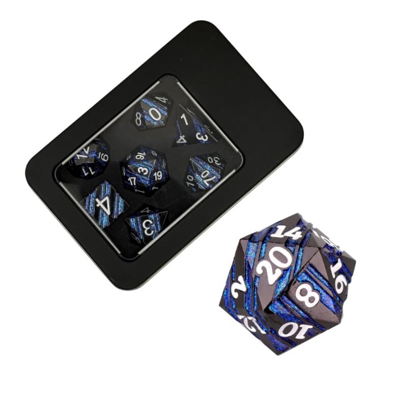 Metal Strata Black & Blue poly dice set