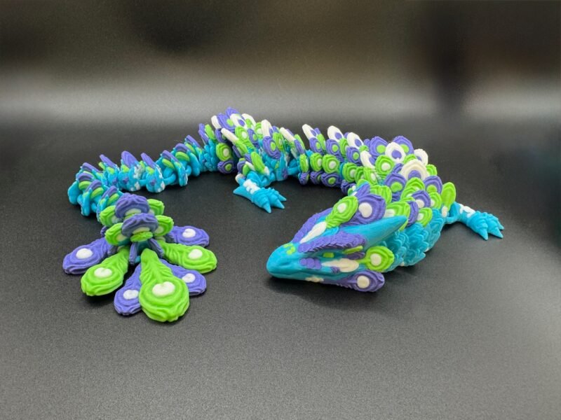 3D printed articulated peacock dragon,Peacock dragon model,Articulated dragon figure,Flexi dragon fidget,Fantasy dragon décor,3D printed dragon collectible