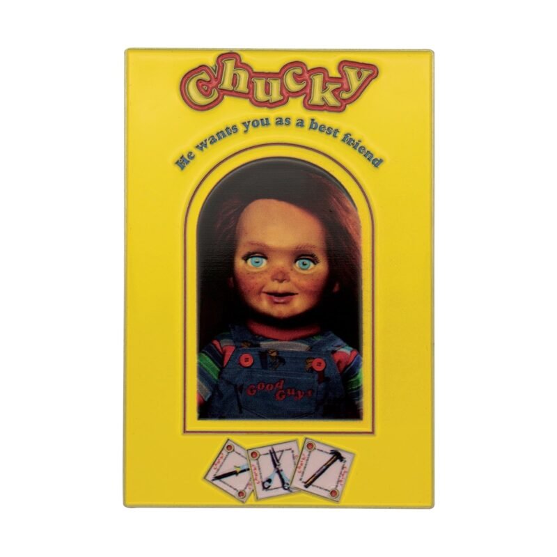 Chucky limited edition metal collectible,Chucky collectible UK,officially licensed Chucky merchandise,Chucky horror gift UK,limited edition horror collectible,Child's Play memorabilia UK,Chucky spell card collectible,horror movie gifts UK,Chucky fan gift,Chucky gift for horror fans,limited edition horror merch,slasher movie collectible UK