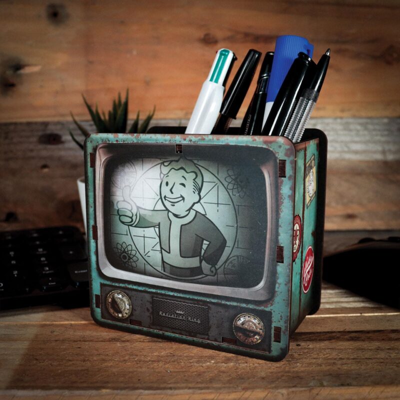 fallout desk tidy,vault boy pen holder,fallout gaming desk accessories,fanatik fallout desk organiser,fallout merchandise UK,fallout themed desk organiser gift