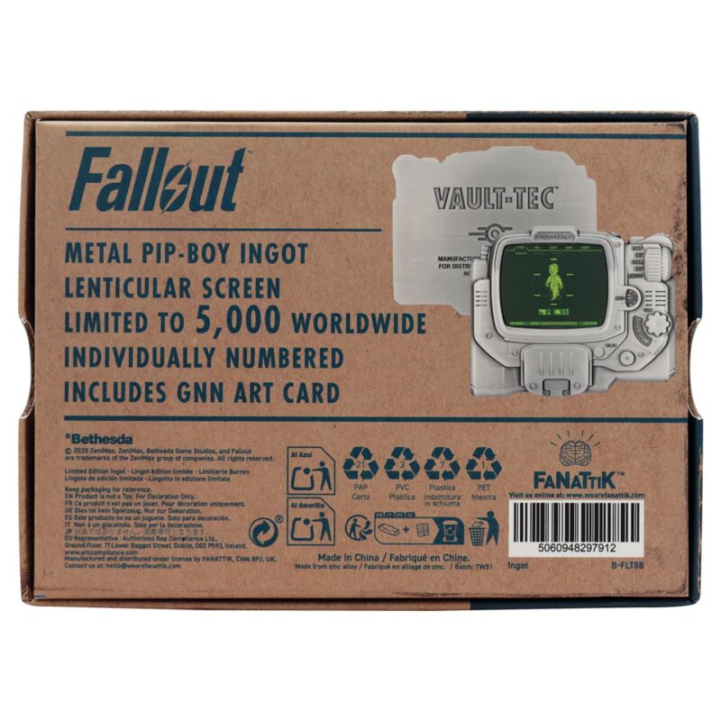 fallout pip-boy ingot,fallout metal collectible,fallout numbered collectible,vault-tec merchandise,fallout collector gift UK,pip-boy metal ingot,officially licensed fallout metal collectible