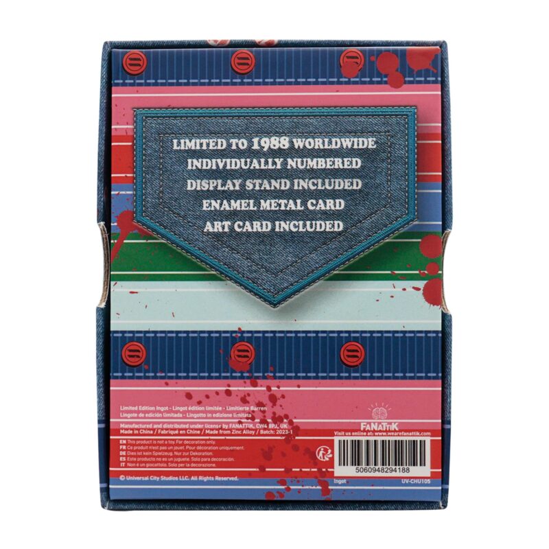 Chucky limited edition metal collectible,Chucky collectible UK,officially licensed Chucky merchandise,Chucky horror gift UK,limited edition horror collectible,Child's Play memorabilia UK,Chucky spell card collectible,horror movie gifts UK,Chucky fan gift,Chucky gift for horror fans,limited edition horror merch,slasher movie collectible UK