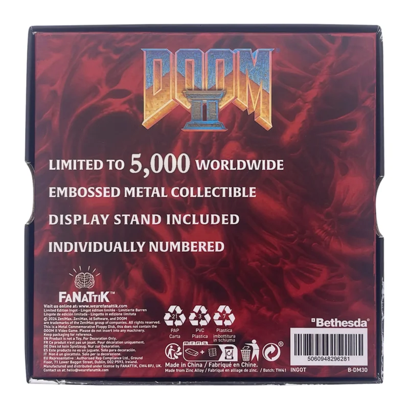 Doom II floppy disk replica,Fanattik Doom collectible,Doom II limited edition,retro gaming collectible,retro PC gaming memorabilia UK,90s gaming collectibles,Doom II metal replica,officially licensed Doom merchandise
