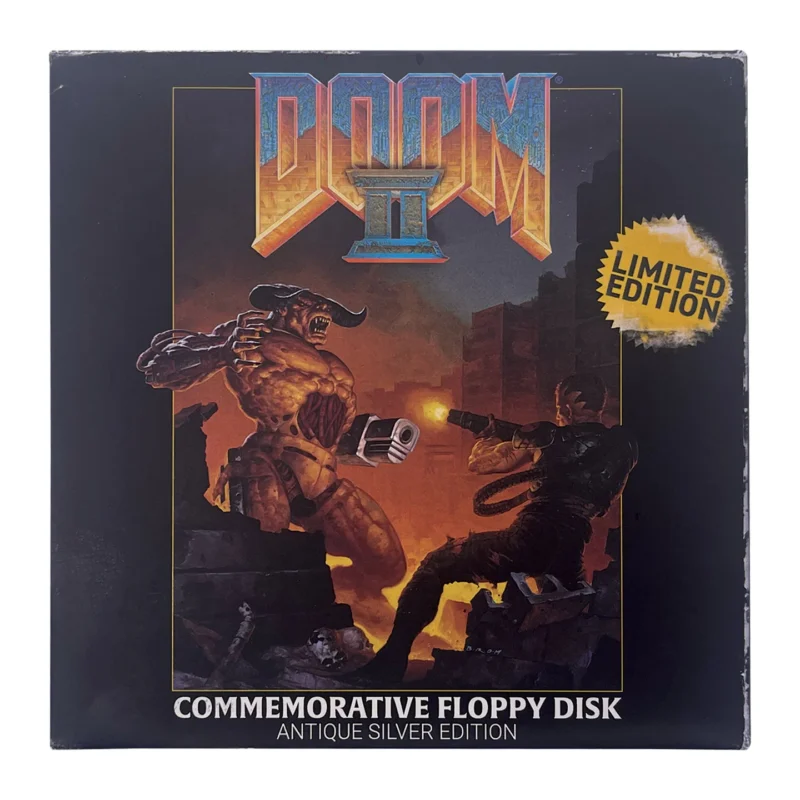 Doom II floppy disk replica,Fanattik Doom collectible,Doom II limited edition,retro gaming collectible,retro PC gaming memorabilia UK,90s gaming collectibles,Doom II metal replica,officially licensed Doom merchandise