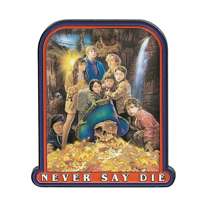 Goonies 40th Anniversary pin badge,anattik Goonies collectible,Never Say Die pin badge,Goonies enamel pin,officially licensed Goonies merchandise,Goonies gift ideas UK,80s film collectibles,Goonies anniversary merchandise,Fanattik enamel pin badge