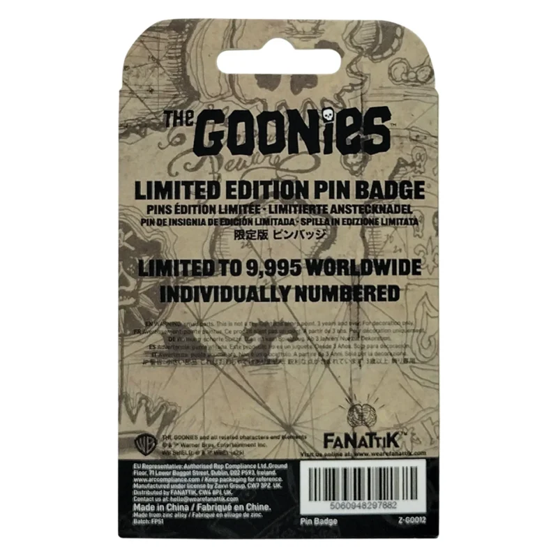 Goonies 40th Anniversary pin badge,anattik Goonies collectible,Never Say Die pin badge,Goonies enamel pin,officially licensed Goonies merchandise,Goonies gift ideas UK,80s film collectibles,Goonies anniversary merchandise,Fanattik enamel pin badge