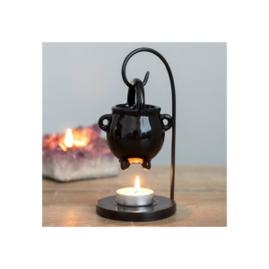 Hanging cauldron oil burner with tealight glowing beneath