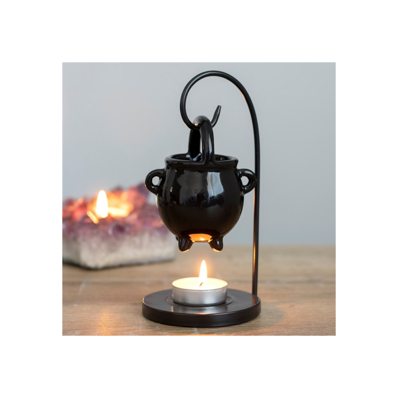 Hanging cauldron oil burner with tealight glowing beneath