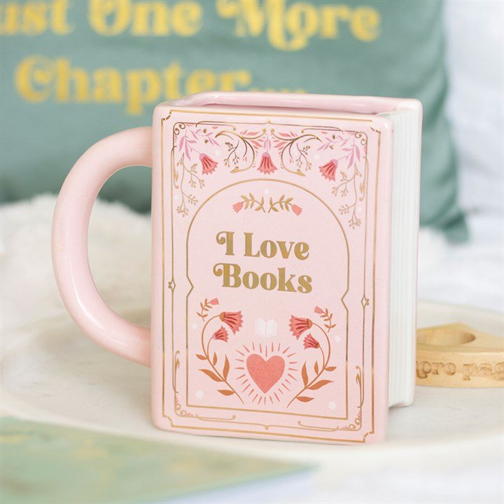 I Love Books pink book shaped ceramic mug