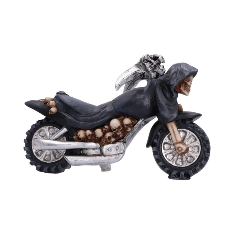 Grim reaper on motorcycle with skulls.
